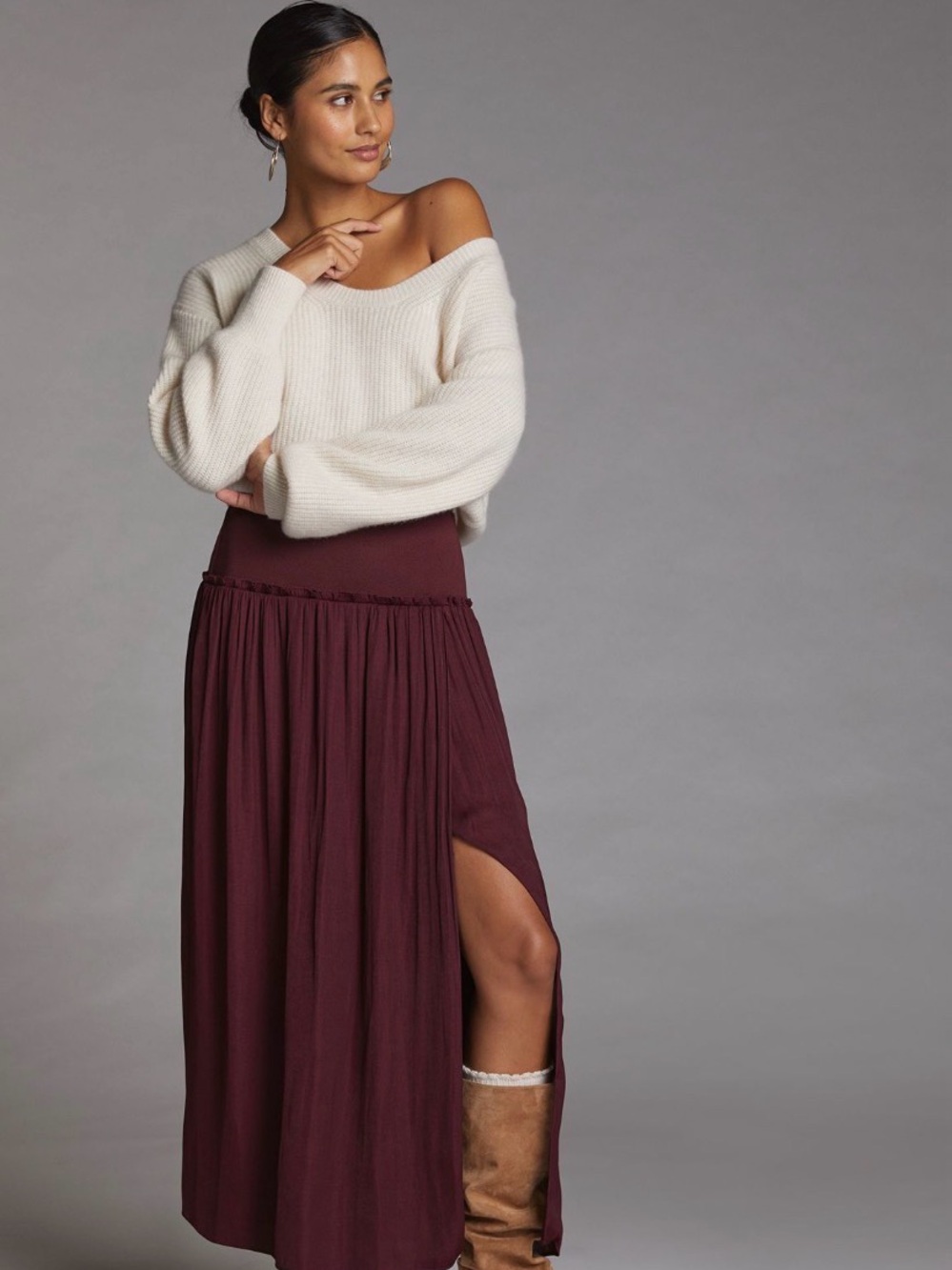 Anthropologie Deep Wine Maxi Skirt with Side Slit XS